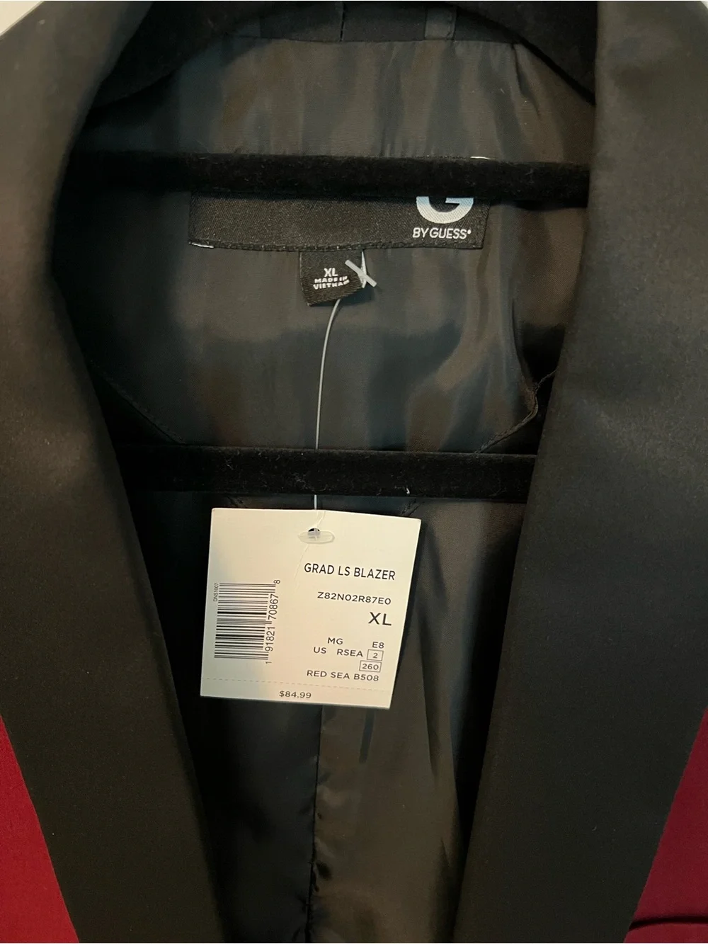 Guess Men's Burgundy Tuxedo Blazer with Black Satin Shawl Collar